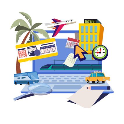 booking online for travel, hotel, car, train, plane vector illustration